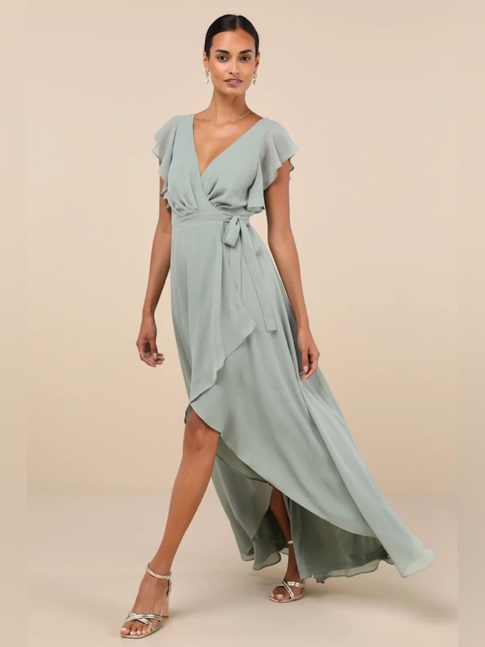 Lulus Sage Brush Ruffled Wrap High-Low Maxi Dress Size L